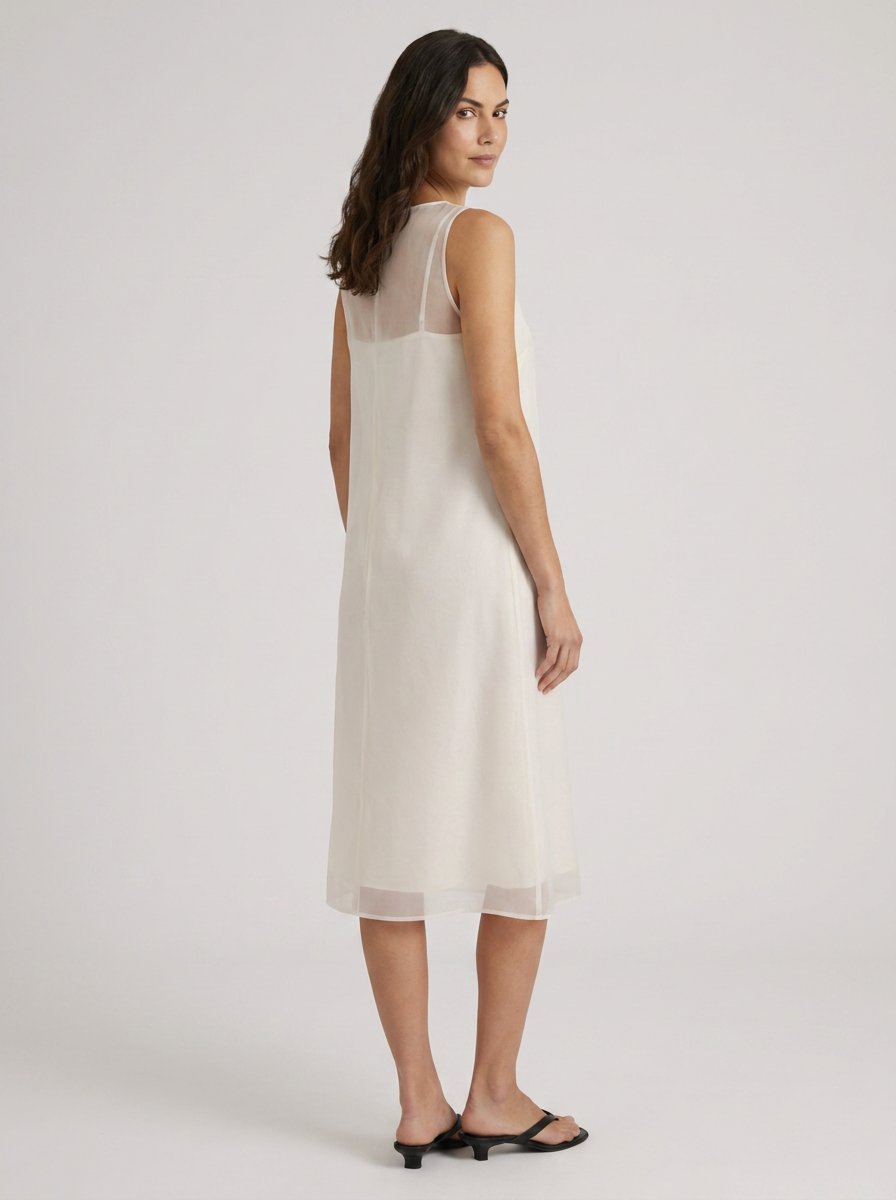 Sian ivory organza A-line midi dress, front view, matching black flat sandals