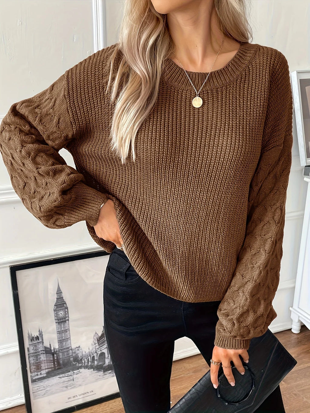 Tessel relaxed pullover with diamond knit sleeves, image 4