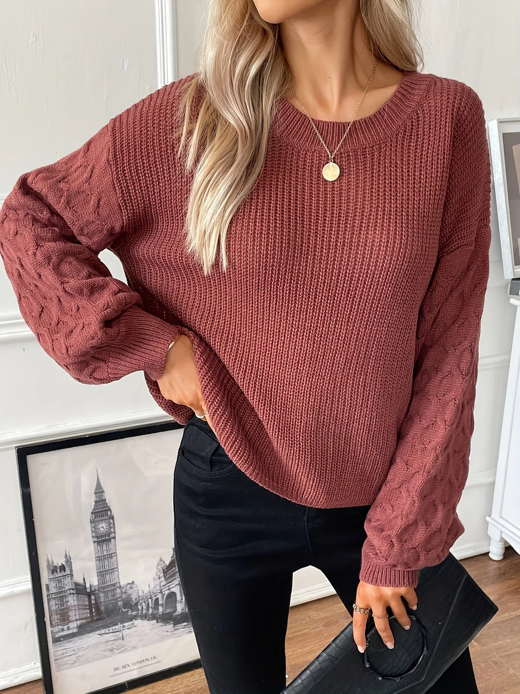 Tessel relaxed pullover with diamond knit sleeves, image 6