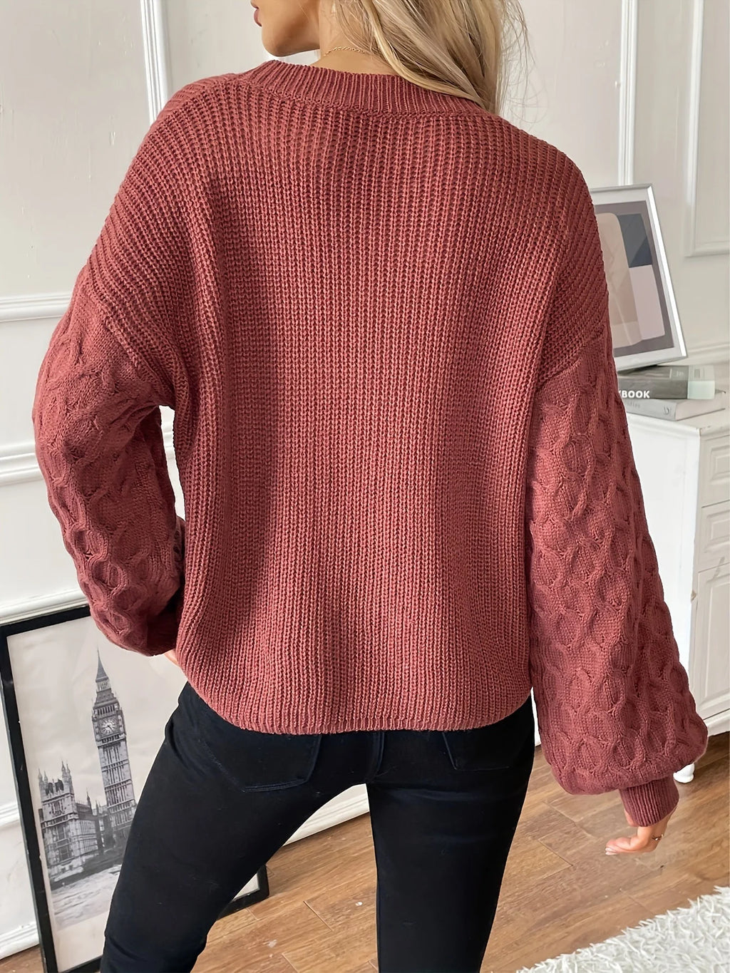 Tessel relaxed pullover with diamond knit sleeves, image 7