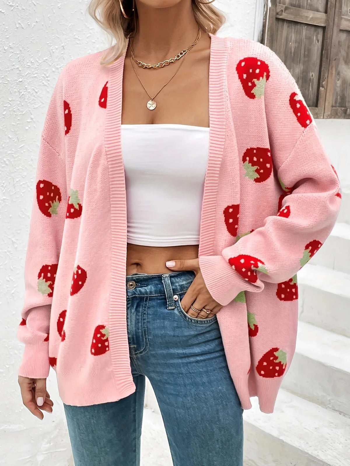 Wieke oversized cardigan with a strawberry motif