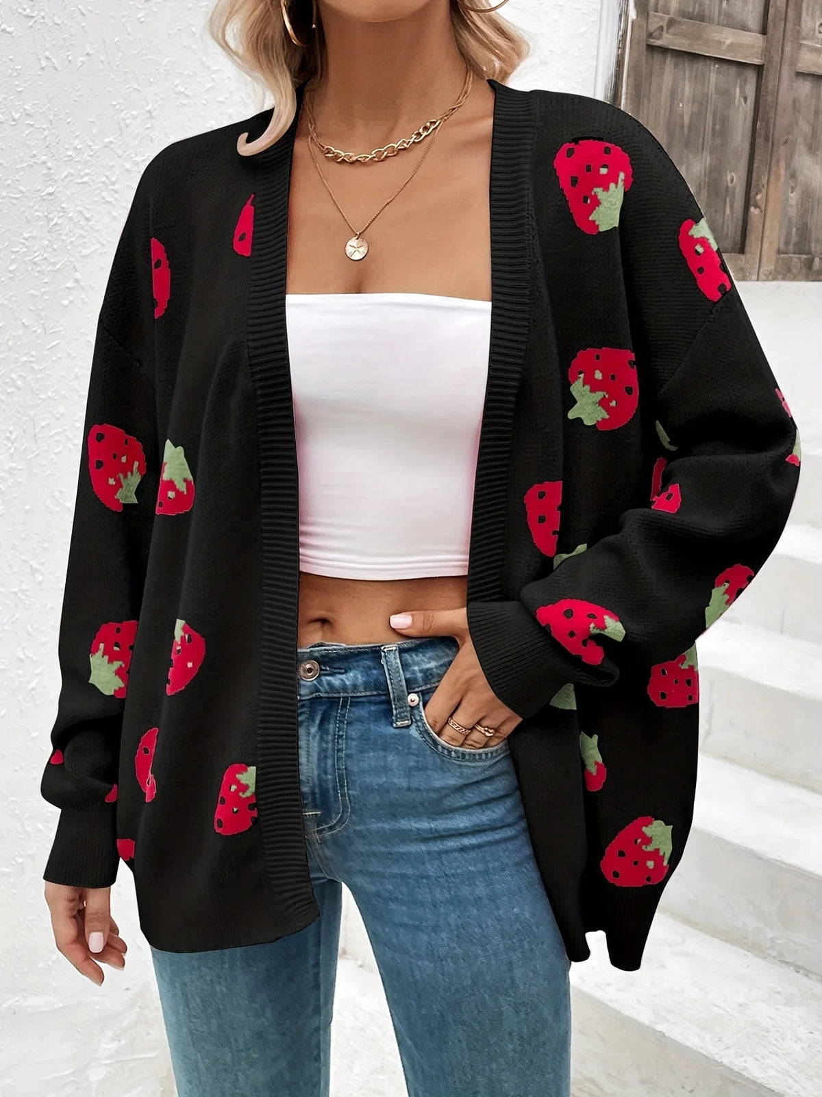 Wieke oversized cardigan with a strawberry motif, image 2
