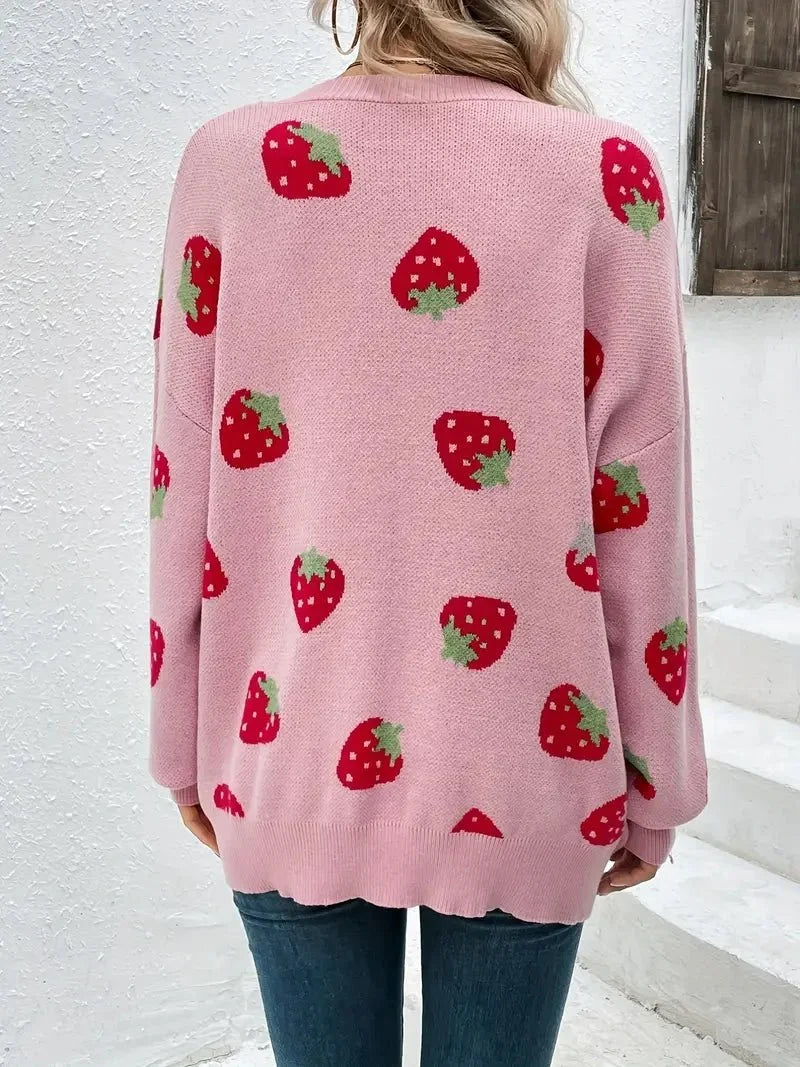 Wieke oversized cardigan with a strawberry motif, image 5