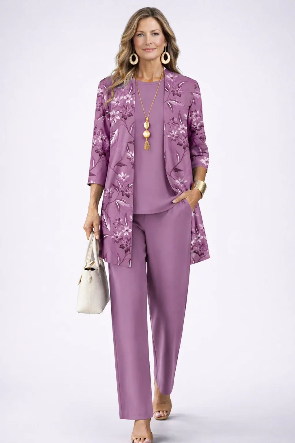 Wilma three piece set in mauve with a floral open-front cardigan, matching top and straight-leg trousers