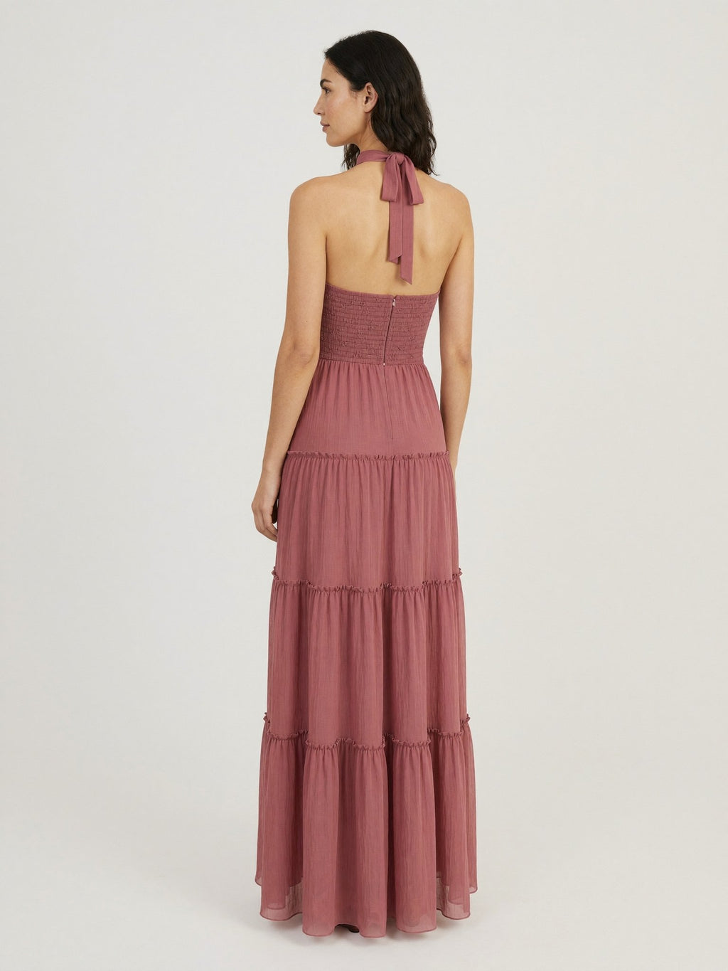 Dusty rose pleated maxi dress back view