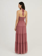 Dusty rose pleated maxi dress back view