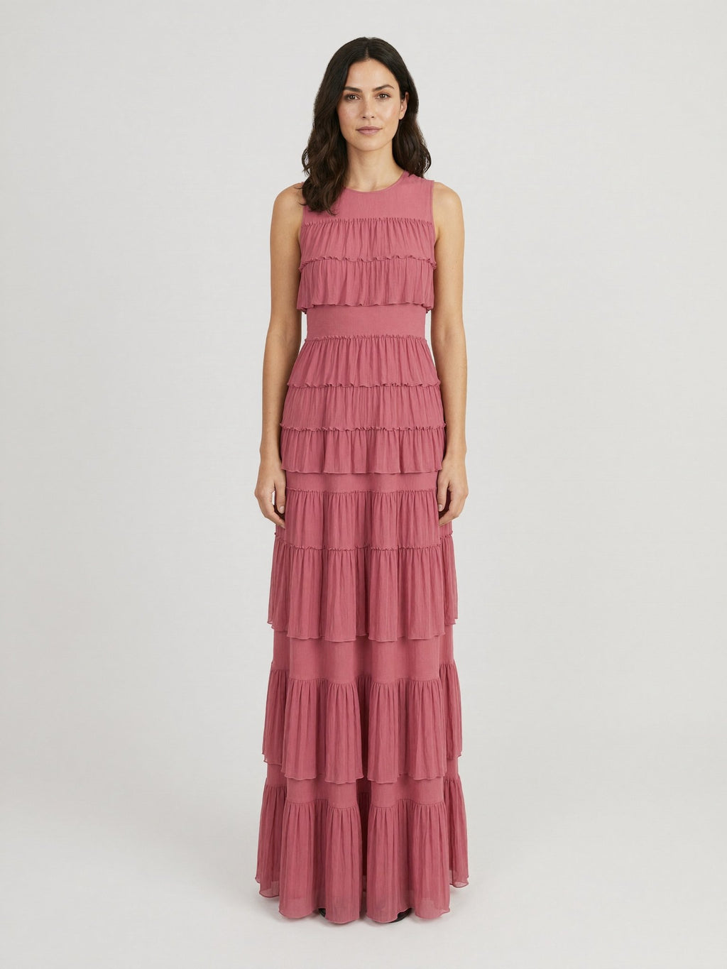 Dusty rose pleated maxi dress front view