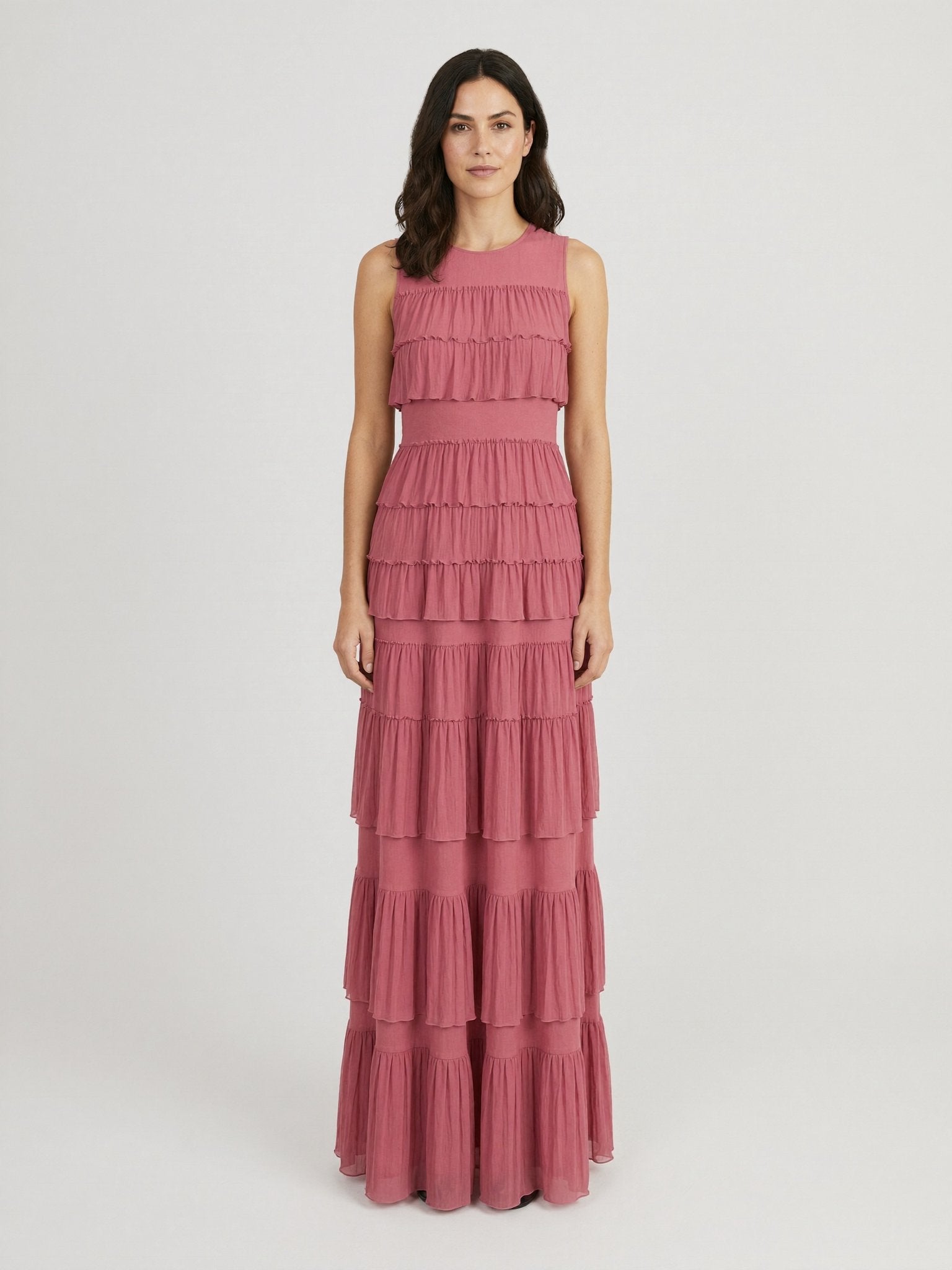 Dusty rose pleated maxi dress front view