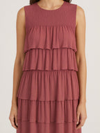 Dusty rose pleated maxi dress neckline close-up