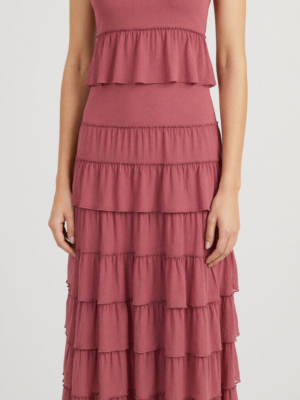 Dusty rose pleated maxi dress ruffle detail