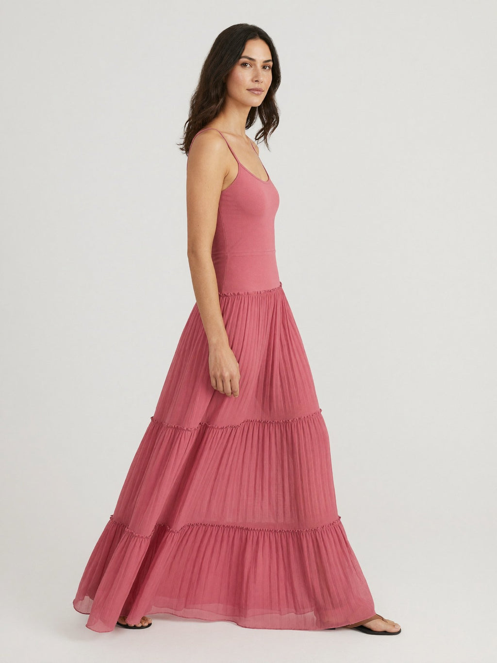 Dusty rose pleated maxi dress walking
