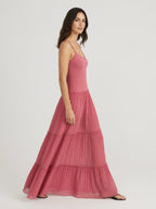 Dusty rose pleated maxi dress walking